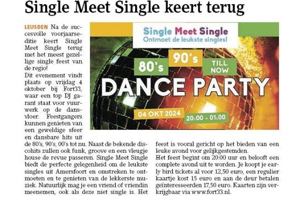 Single Meet Single op vrijdag 4 oktober terug bij Fort33 in Leusden